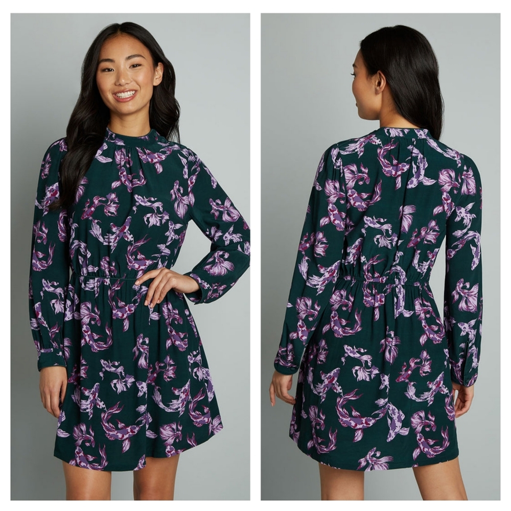 Modcloth Elegant Long Sleeve Dress in Stunning Green and Purple Koi Fish Pattern